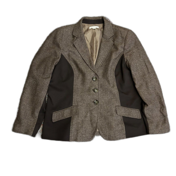 Coldwater Creek NWOT Brown Knit Panel Wool Herringbone Tweed Blazer Size 16 - Picture 2 of 14